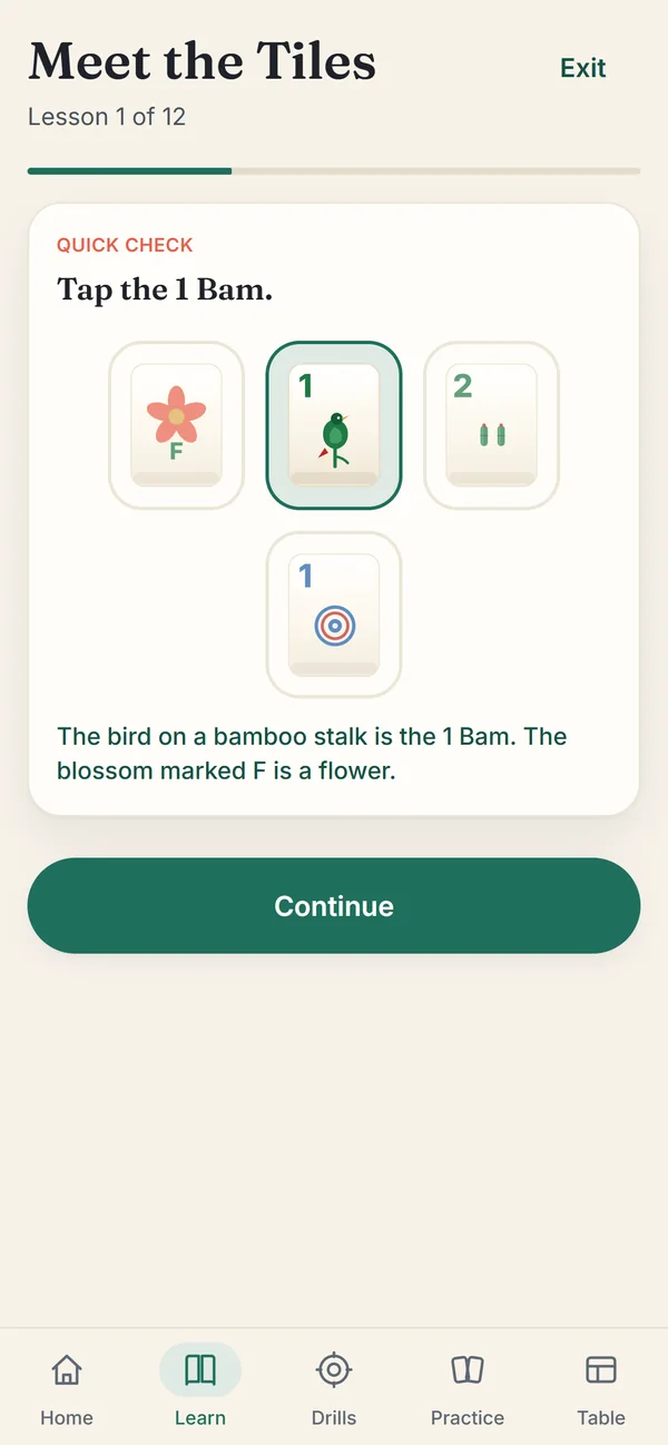 A quick check in the first lesson: tap the 1 Bam. The bird tile is chosen and the app explains that the bird on a bamboo stalk is the 1 Bam.